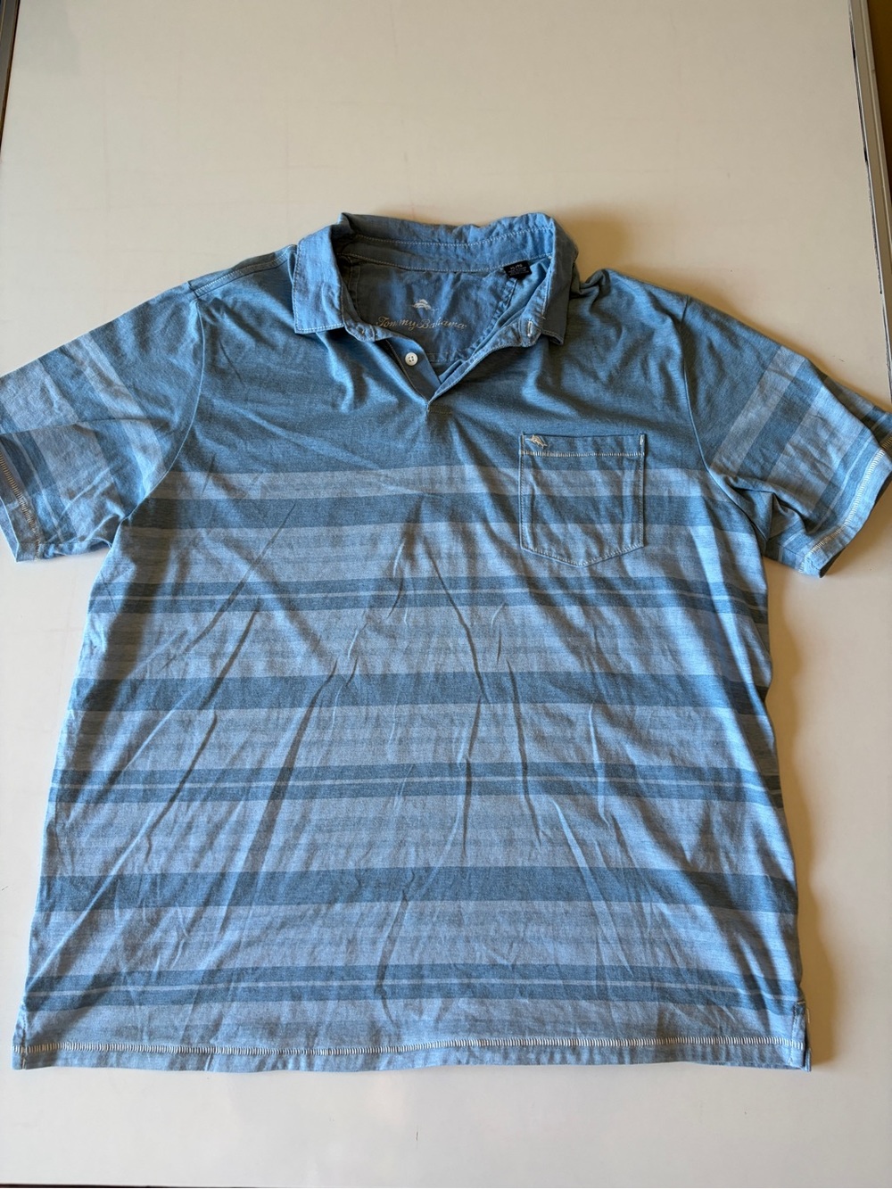 Tommy Bahama Blue mens short-sleeve polo shirt striped chest pockets size XL